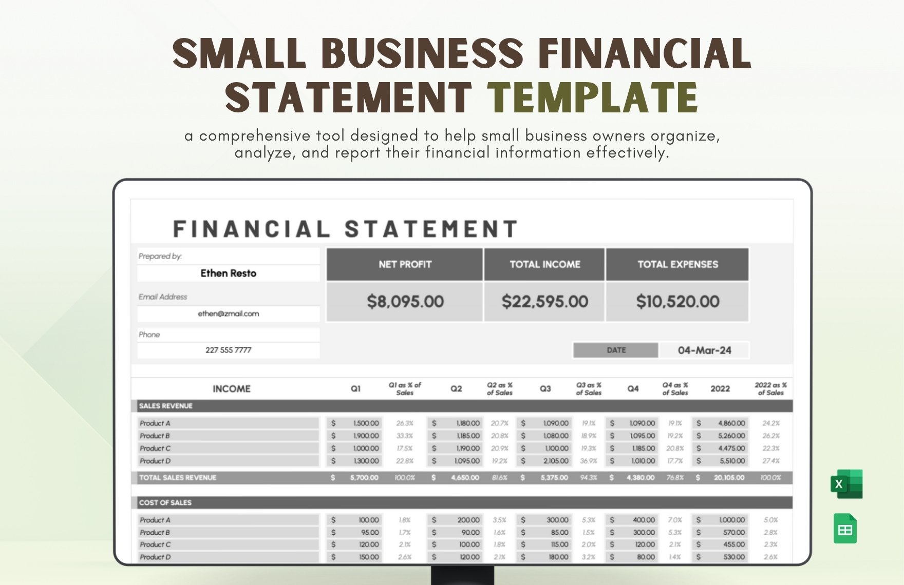 Small Business Financial Statement Template in Excel, Google Sheets