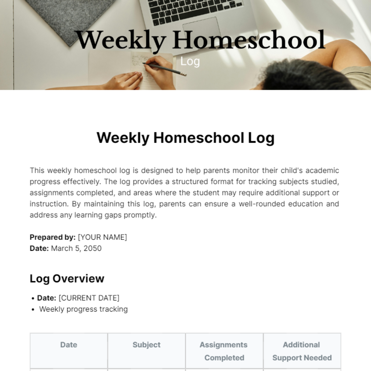 Weekly Homeschool Log Template
