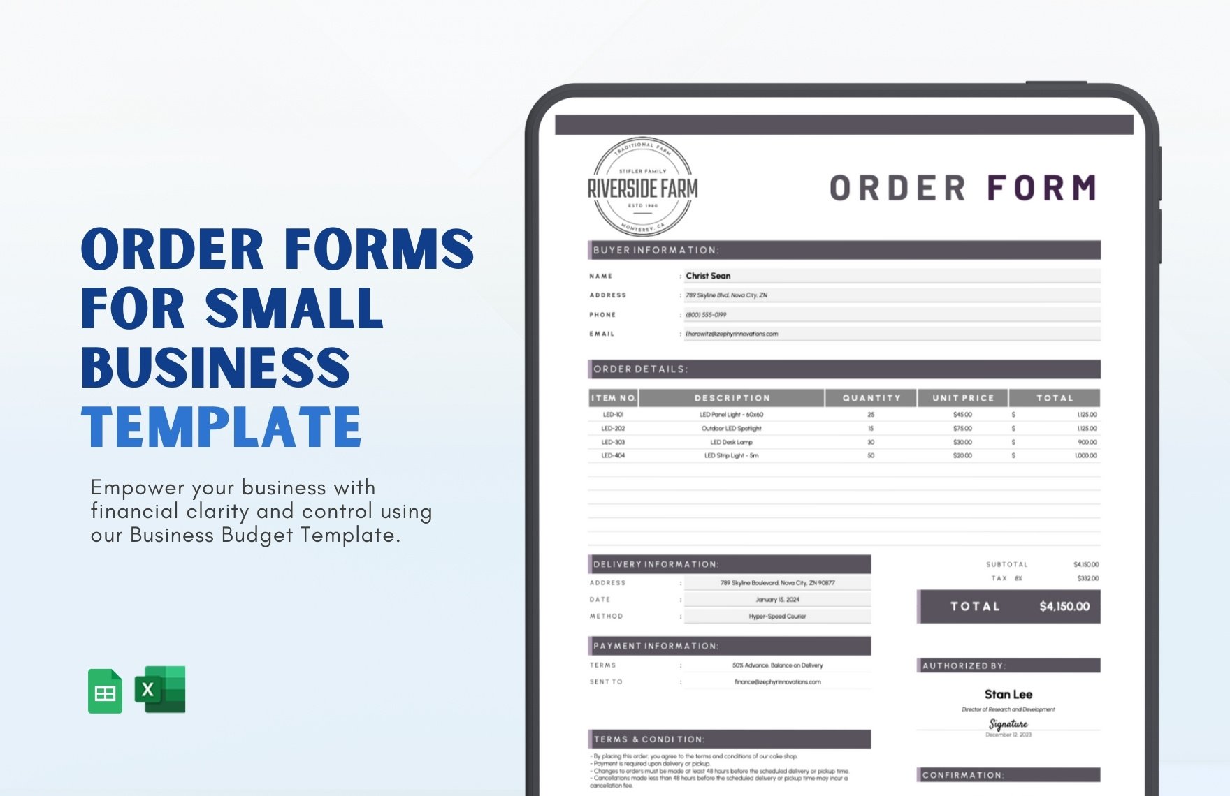 Order Forms for Small Business Template in Excel, Google Sheets