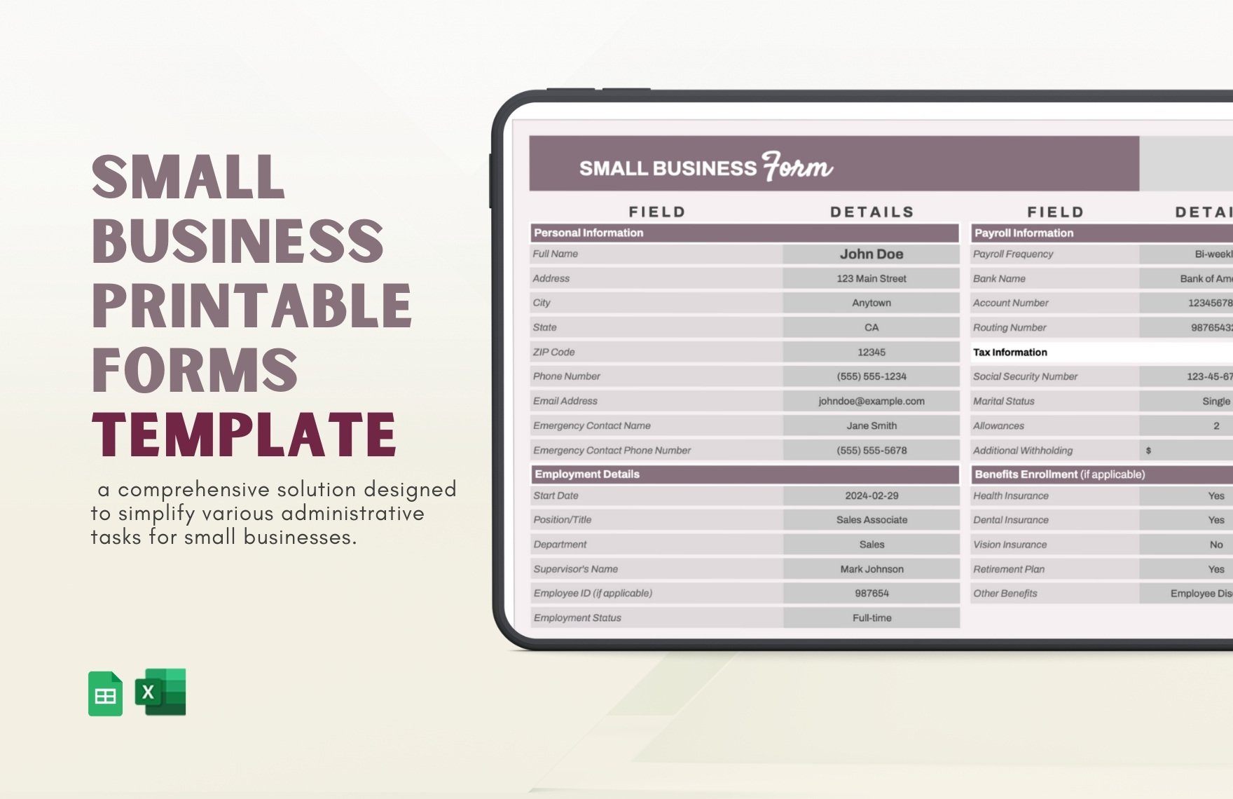 Small Business Printable Forms Template in Excel, Google Sheets