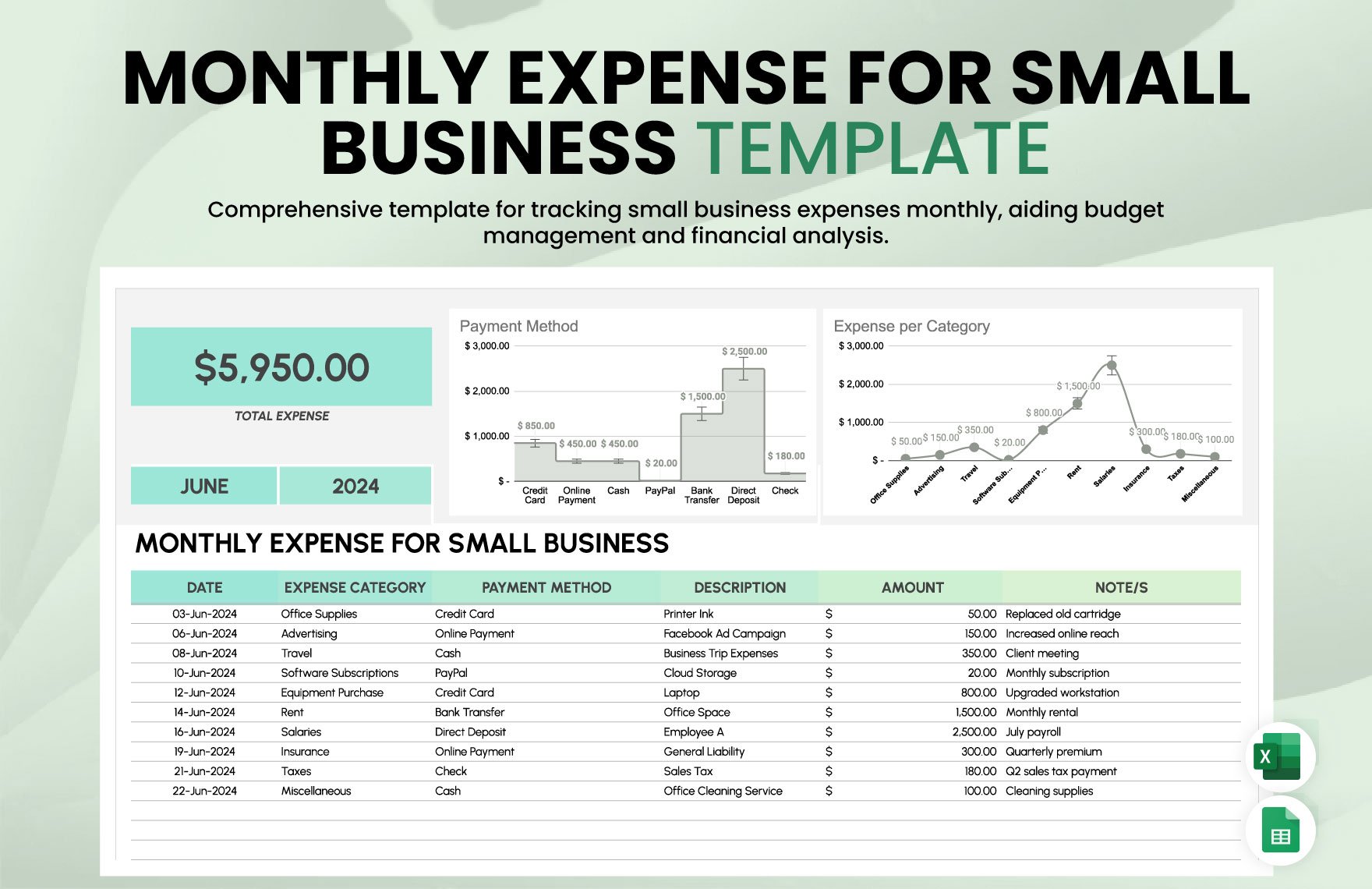 Monthly Expense for Small Business Template in Excel, Google Sheets