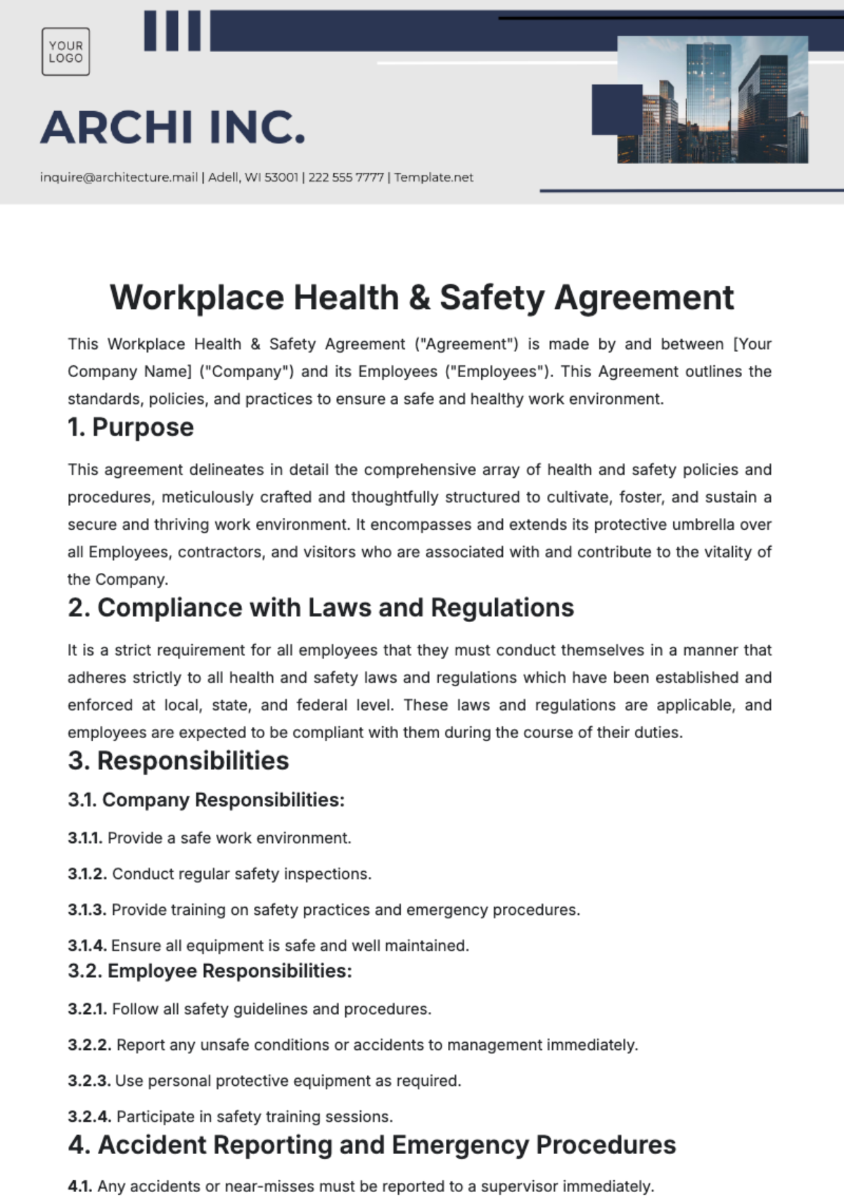 Free Workplace Health %26 Safety Agreement Template