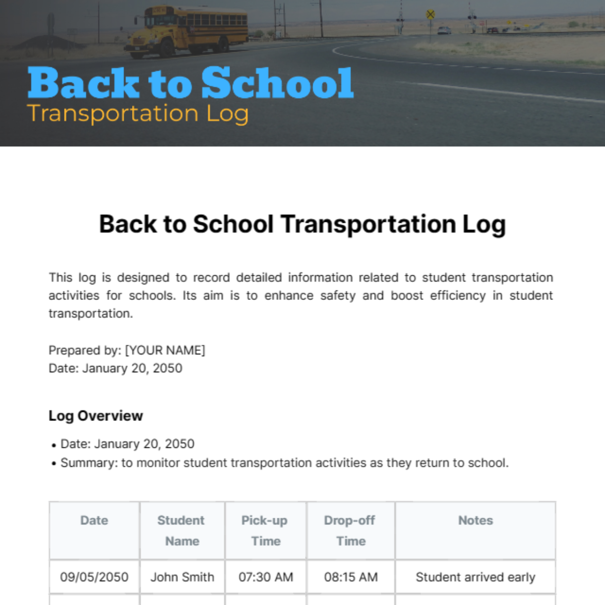 Back to School Transportation Log Template