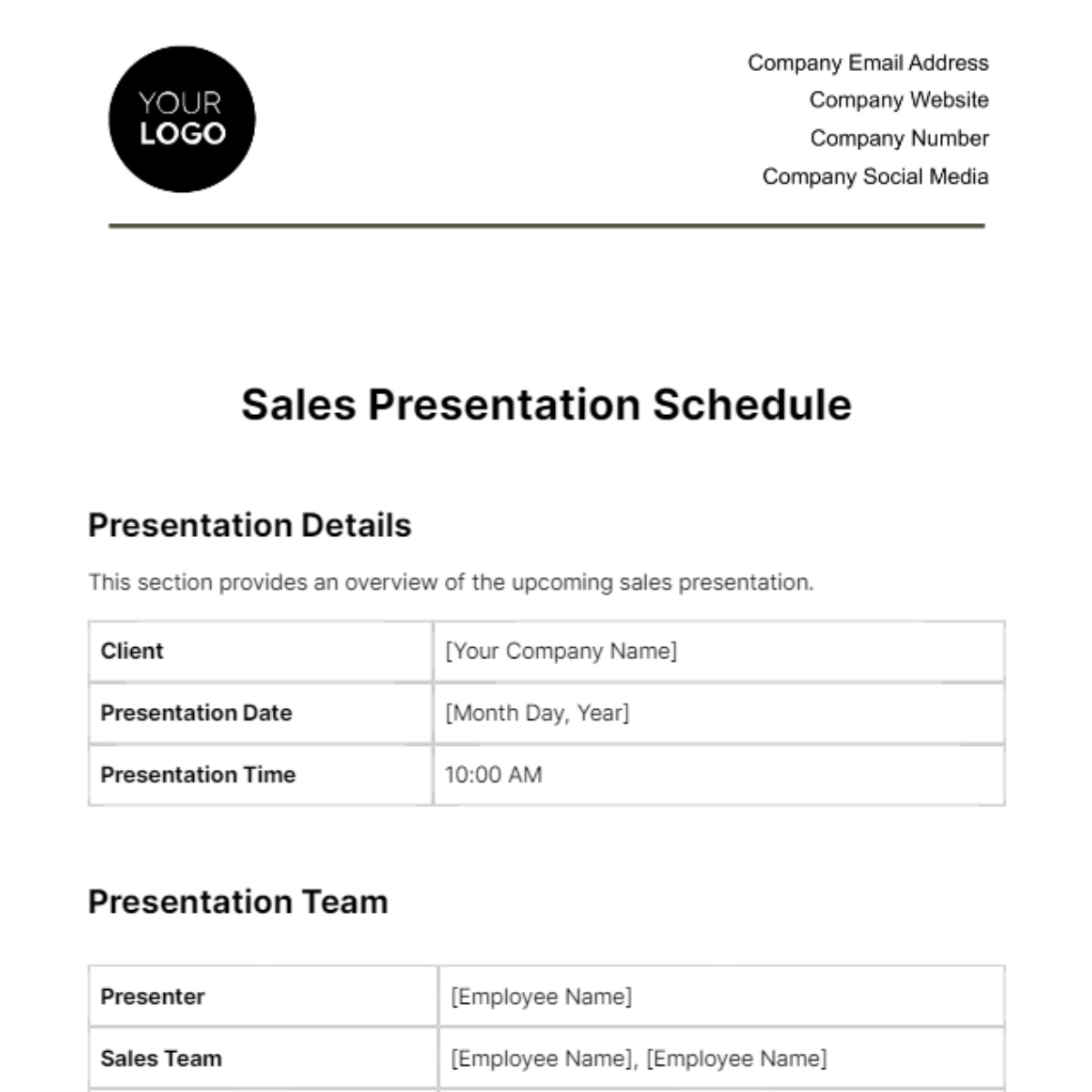 Sales Presentation Schedule Template
