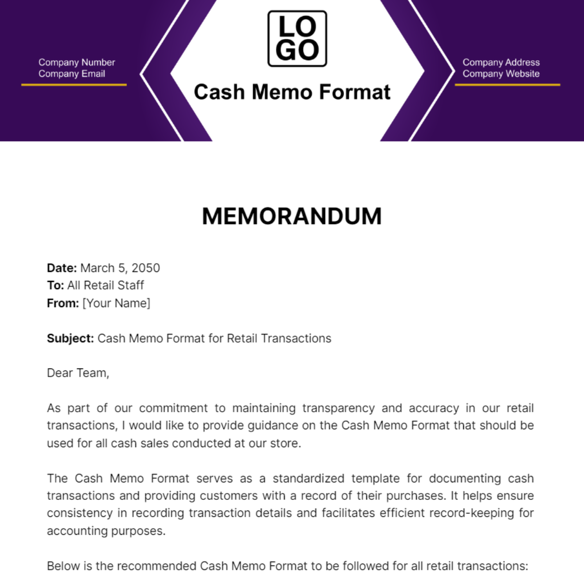 Cash Memo Format