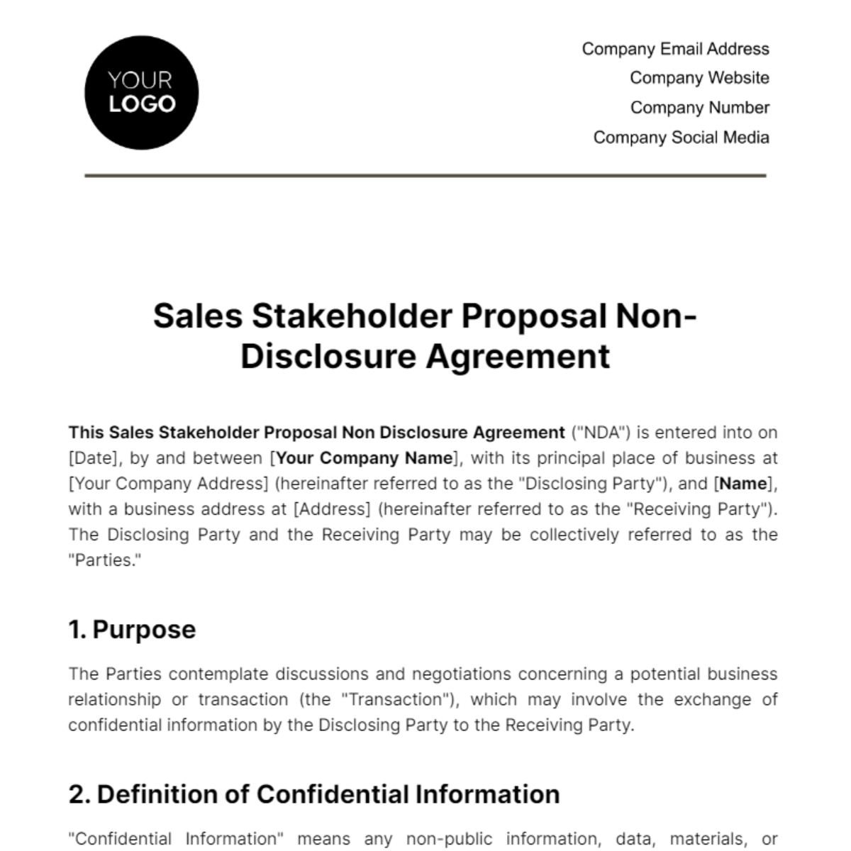 Free Sales Stakeholder Proposal NDA Template