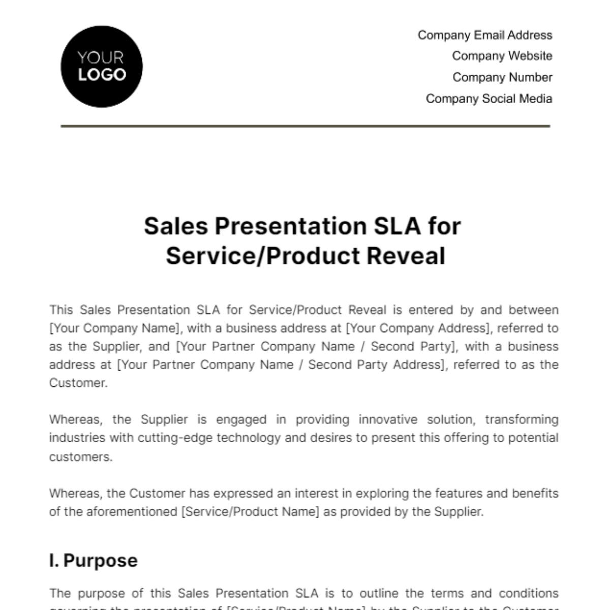 Free Sales Presentation SLA for Service/Product Reveal Template