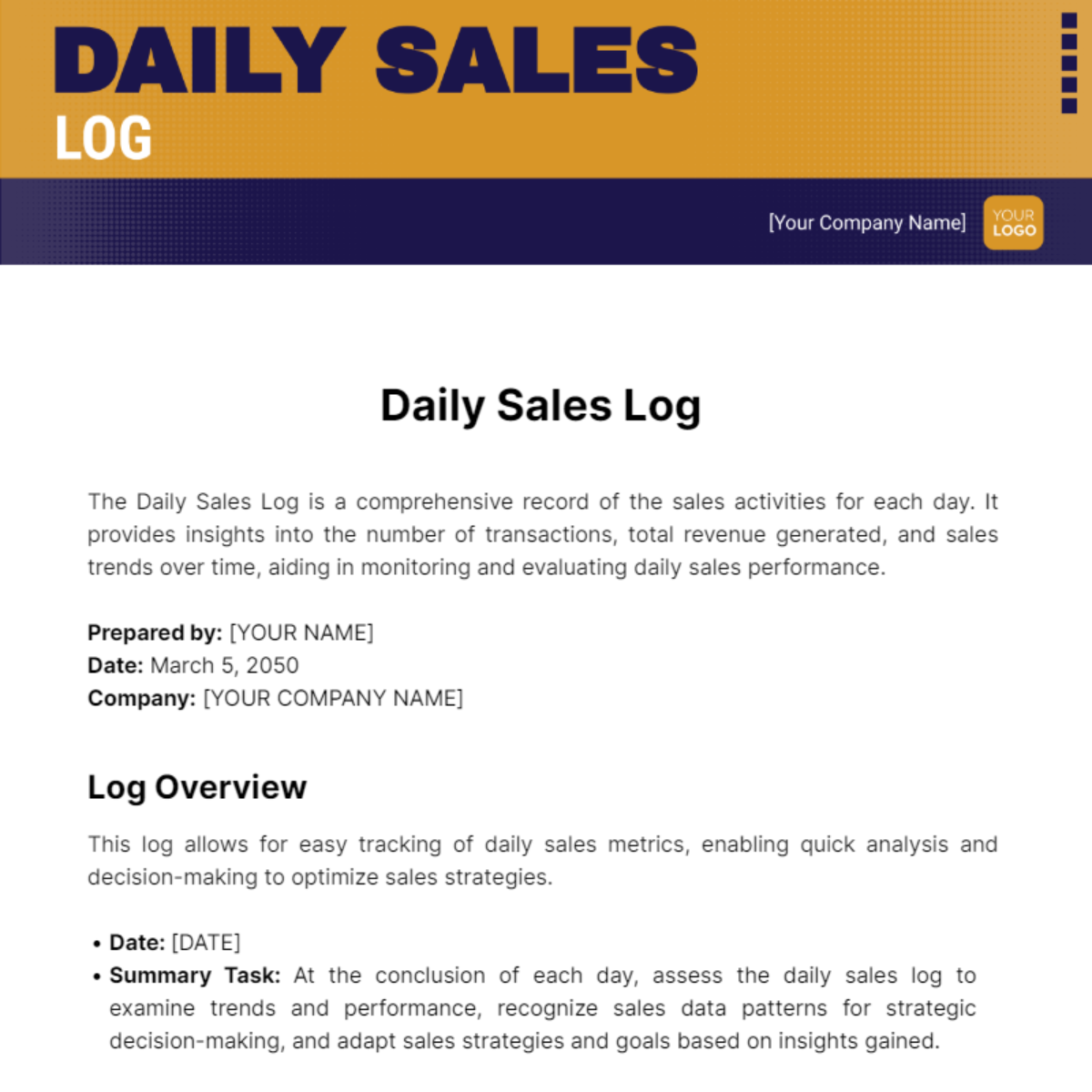 Daily Sales Log Template
