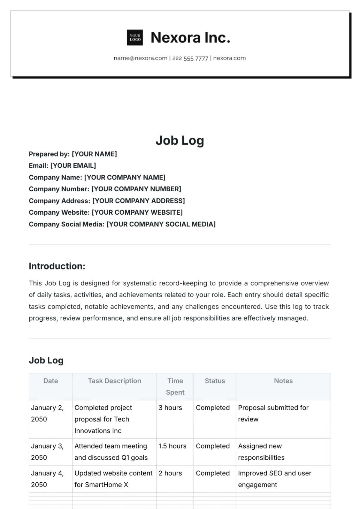 Job Log Template - Edit Online & Download