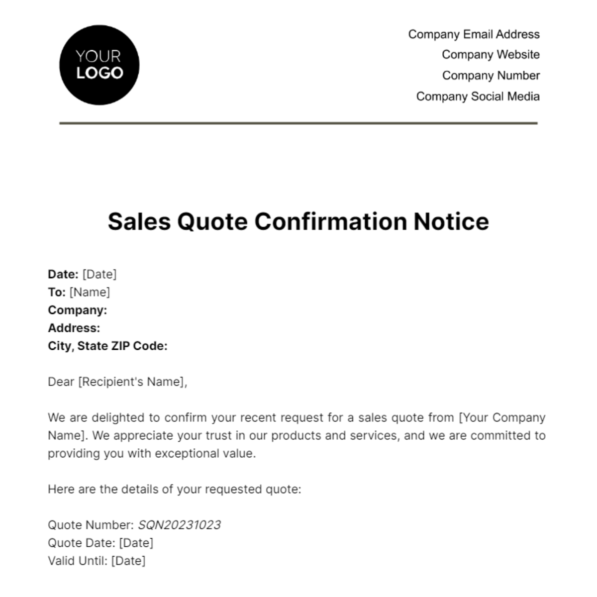 Free Sales Quote Confirmation Notice Template