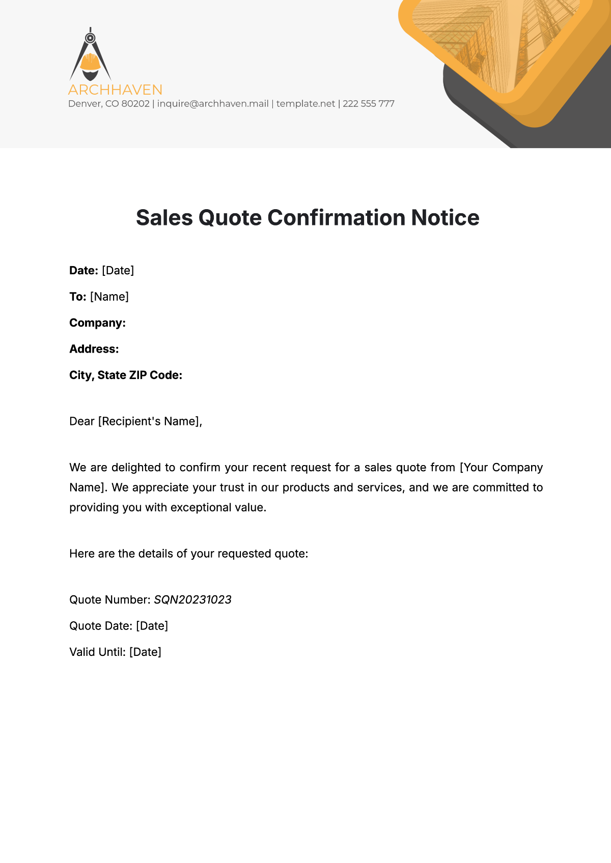 Sales Quote Confirmation Notice Template - Edit Online & Download