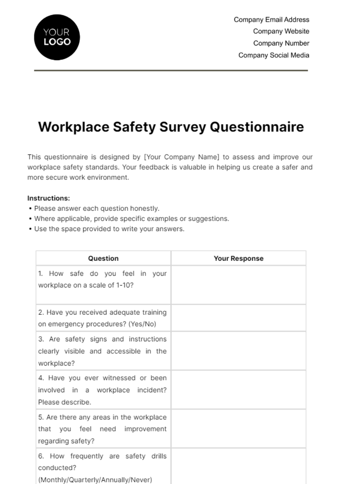 Workplace Safety Survey Questionnaire Template