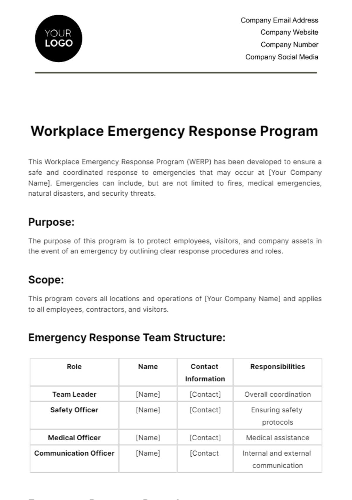 Workplace Emergency Response Program Template