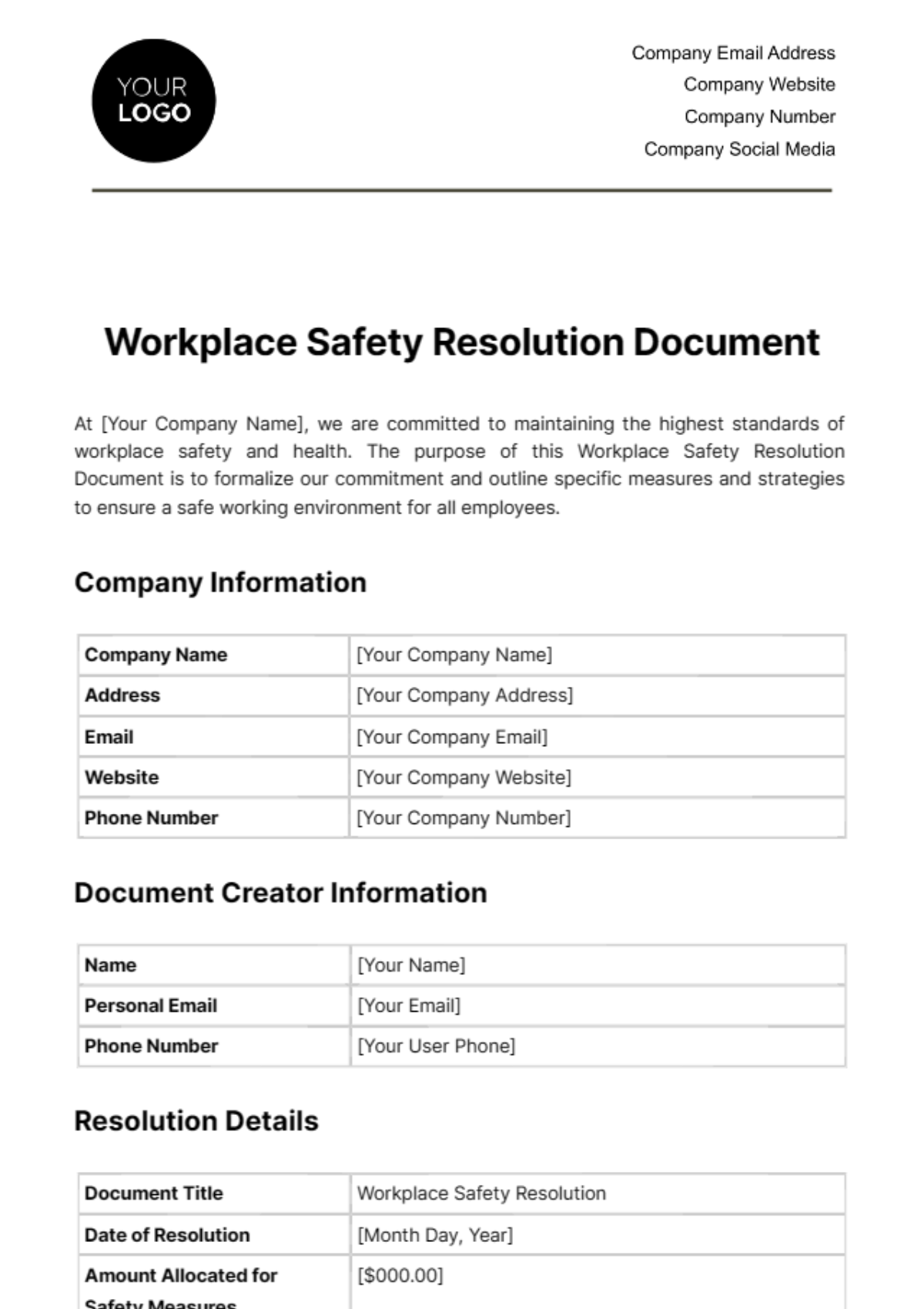Free Workplace Safety Resolution Document Template