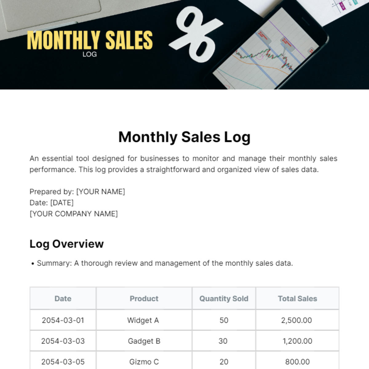 Monthly Sales Log Template