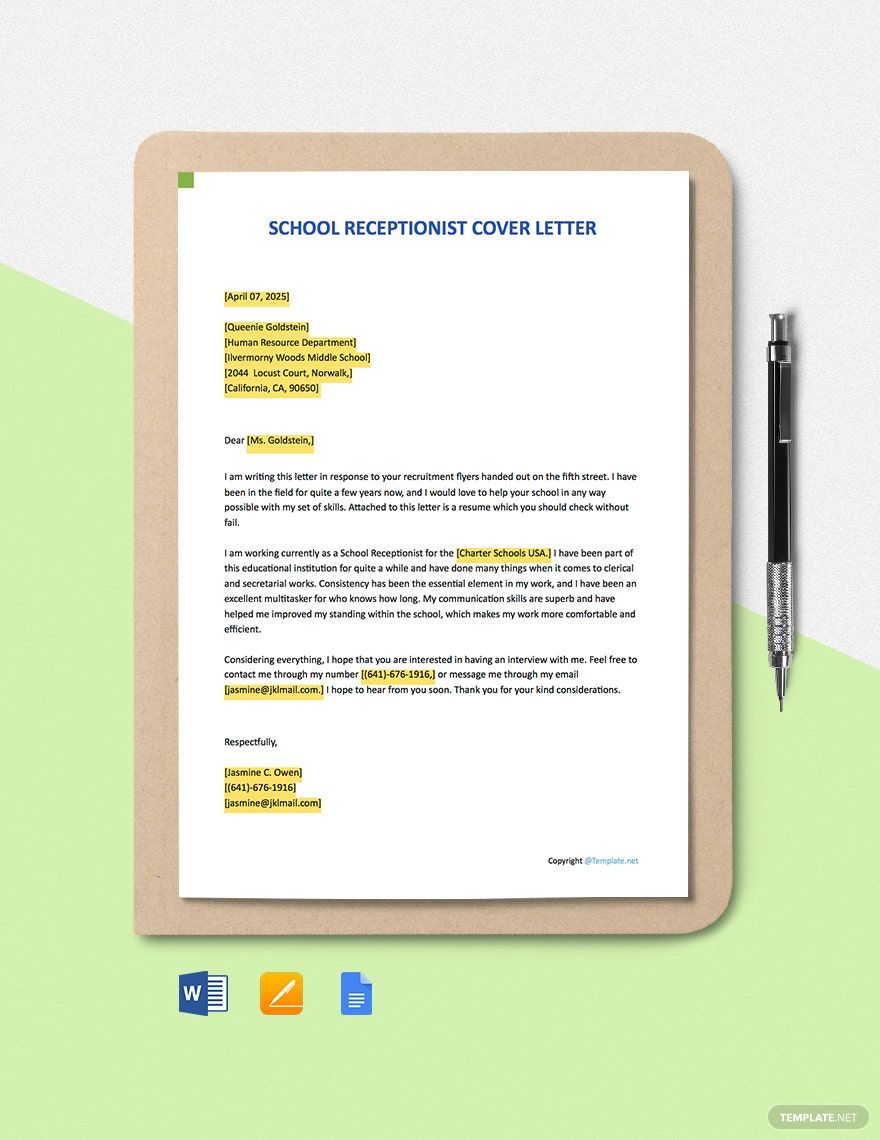 School Receptionist Cover Letter