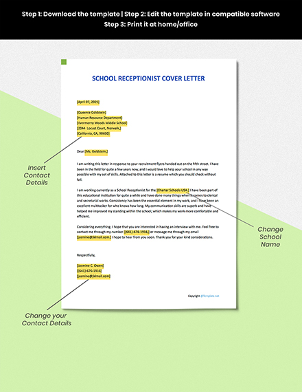 School Receptionist Cover Letter Template