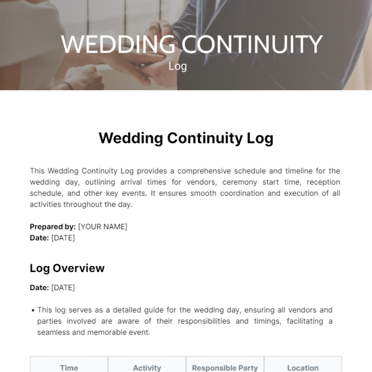 Wedding Continuity Log Template