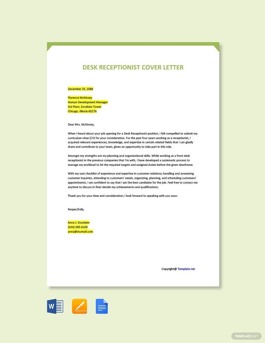 Desk Receptionist Cover Letter Template
