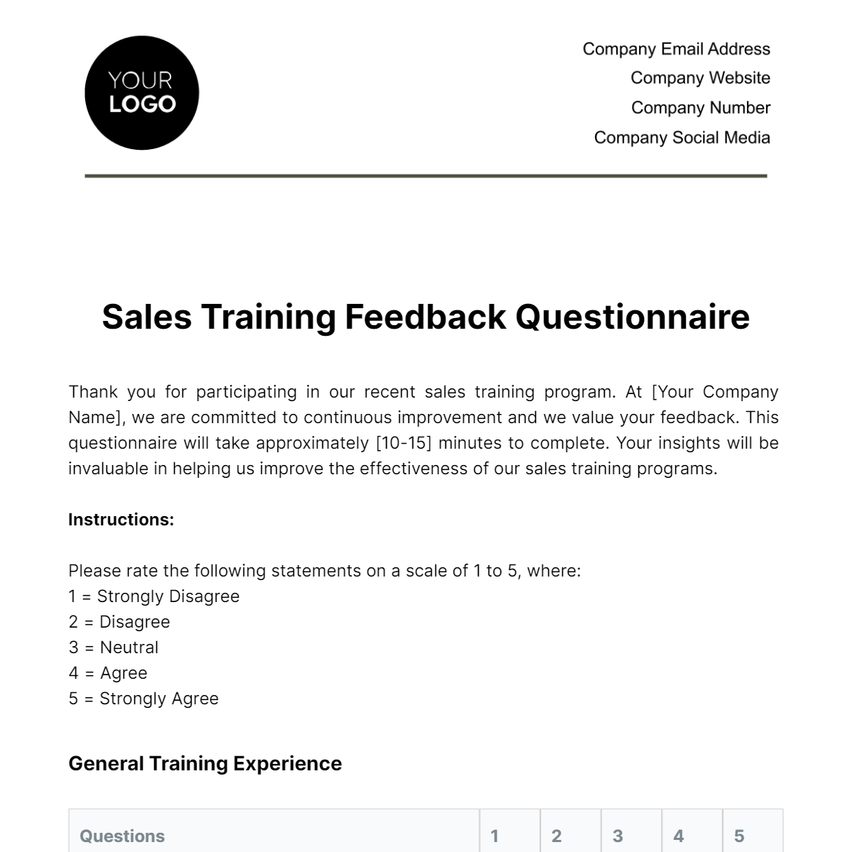 Free Sales Training Feedback Questionnaire Template