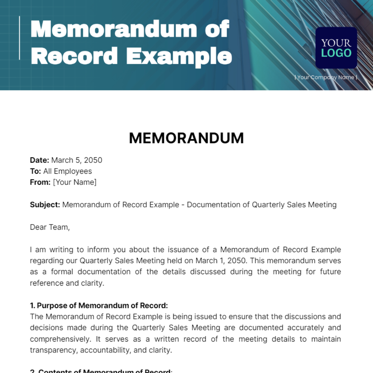 Free Memorandum of Record Example