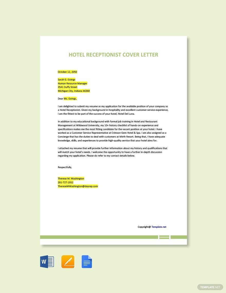 Hotel Receptionist Cover Letter Template