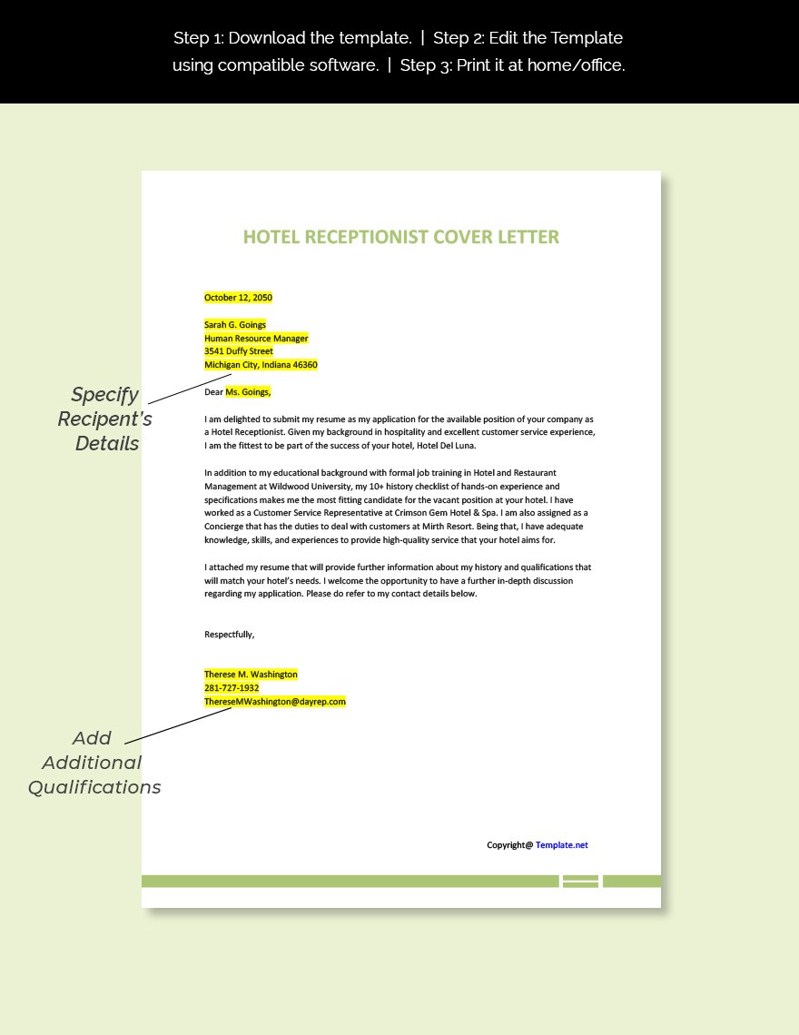 application letter as a hotel receptionist