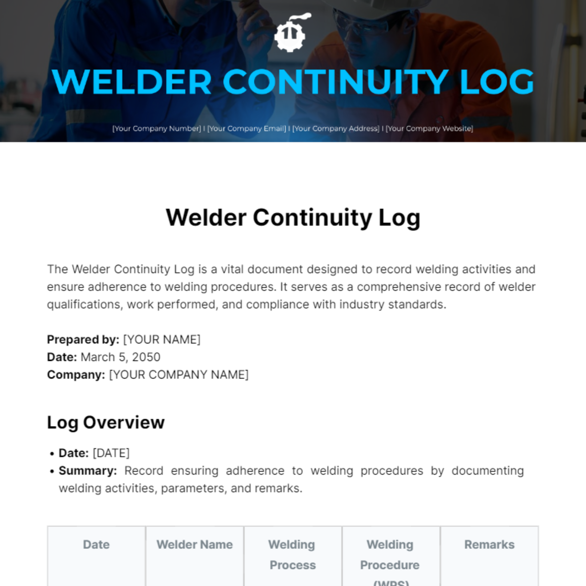 Welder Continuity Log Template