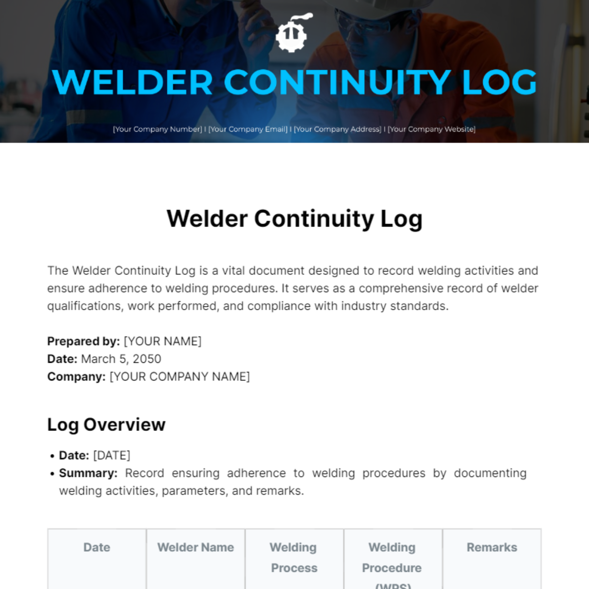 Free Welder Continuity Log Template Edit Online Download Template