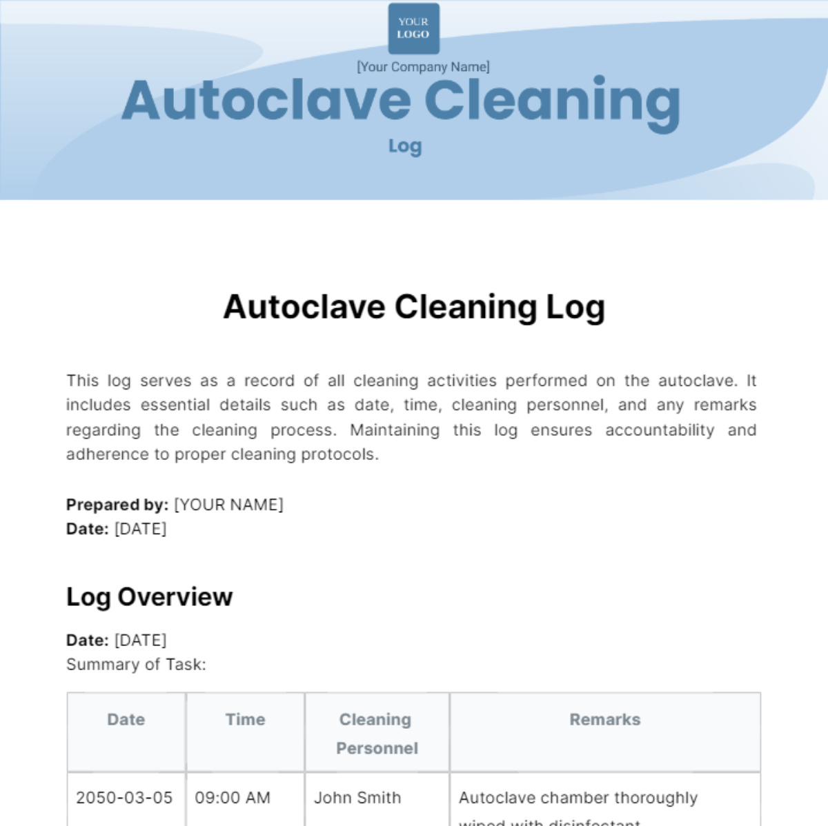 Autoclave Cleaning Log Template