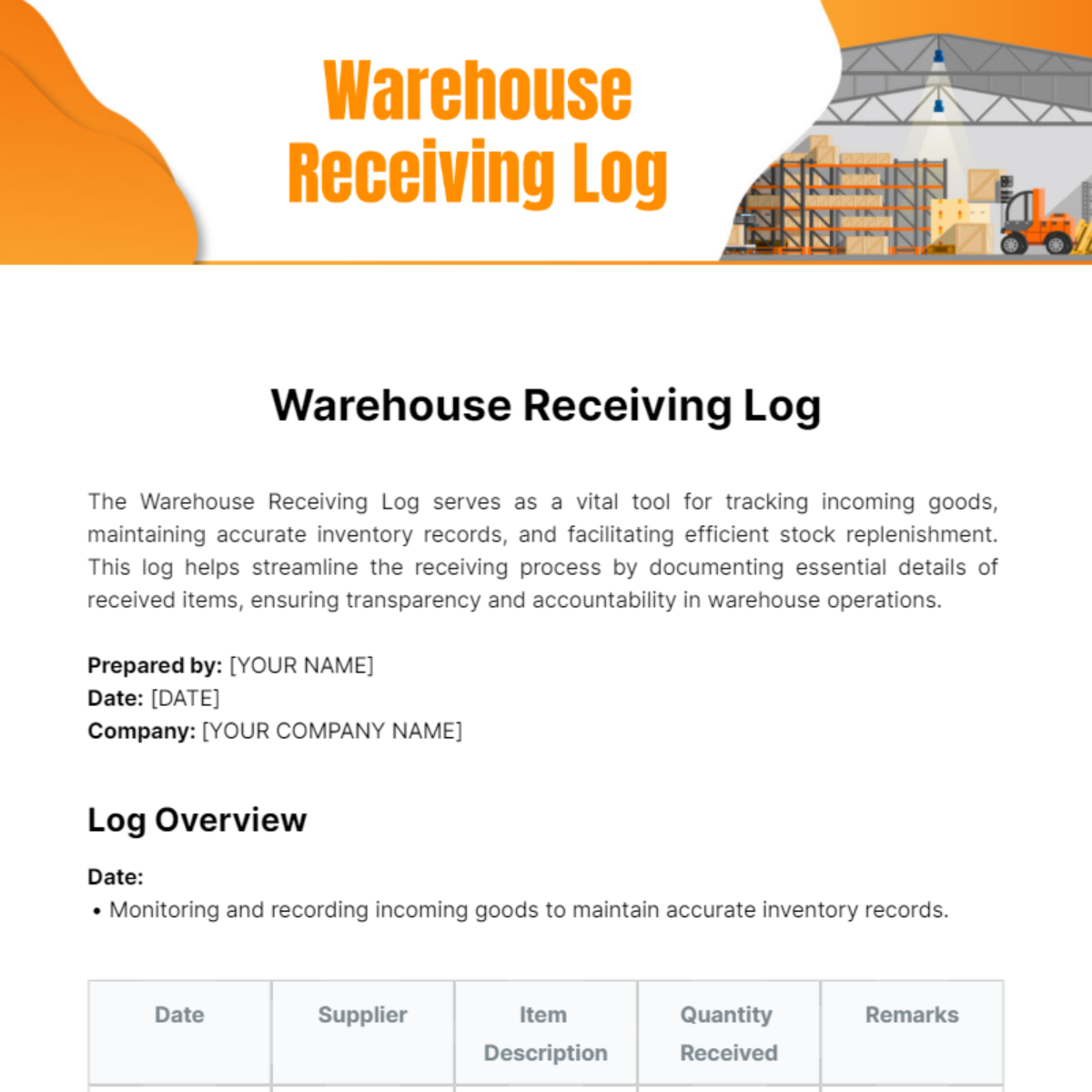 Warehouse Receiving Log Template