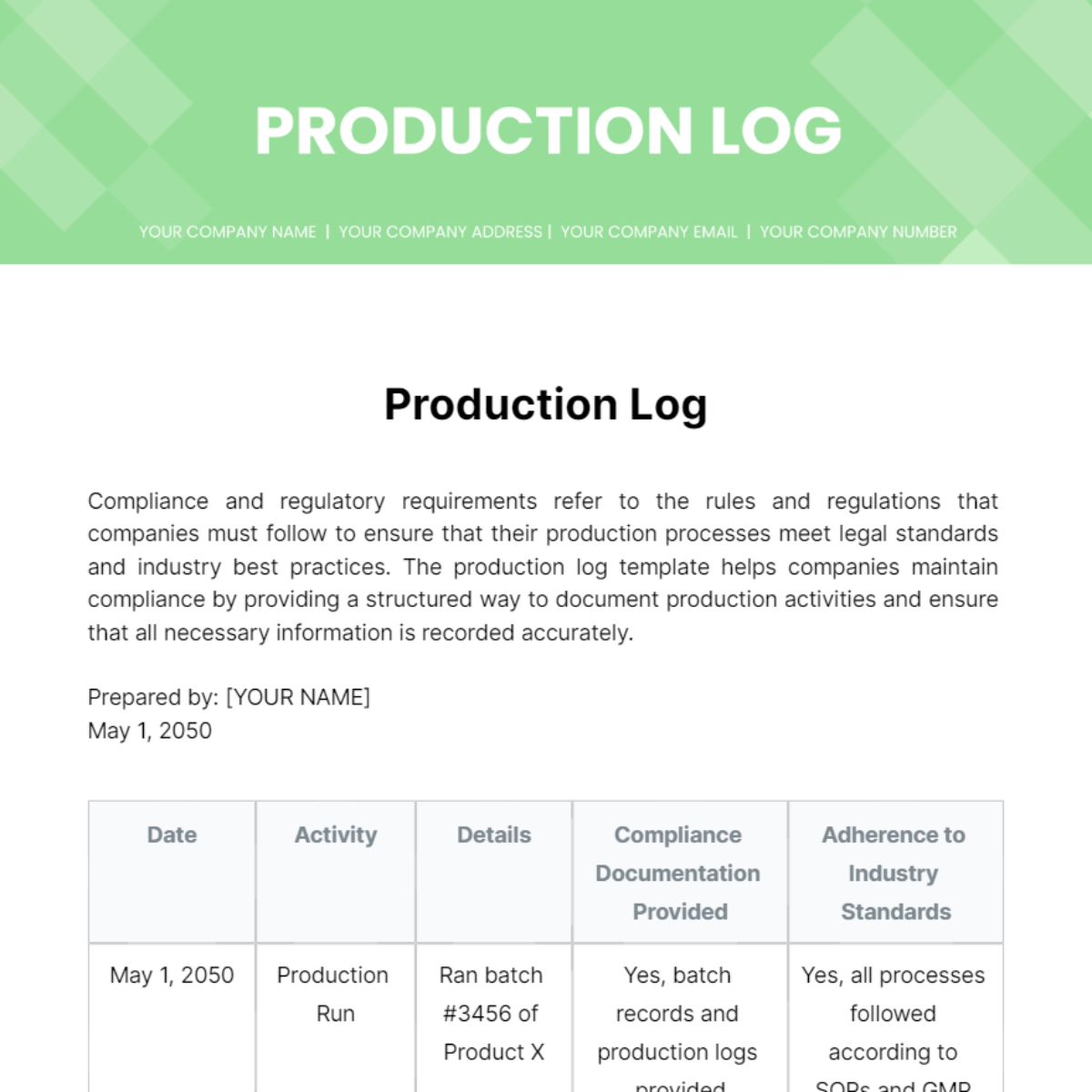 Production Log Template