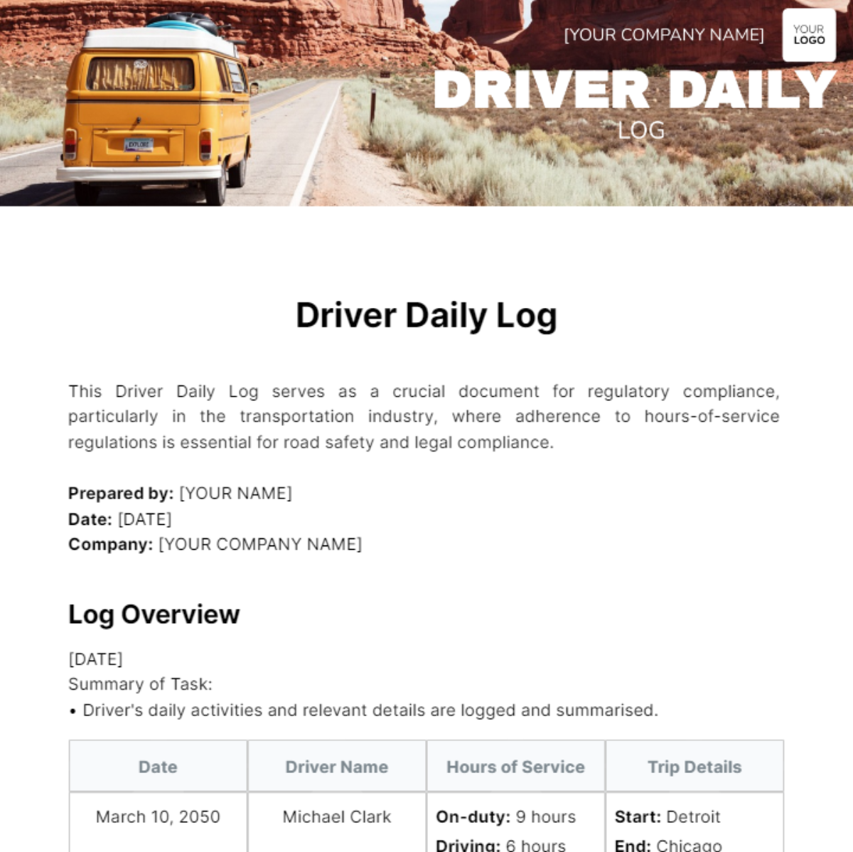 Driver Daily Log Template