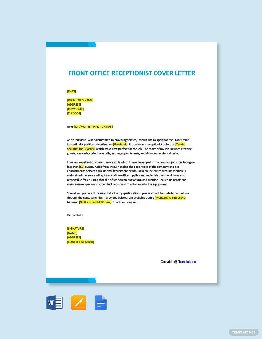 Front Office Receptionist Cover Letter Template