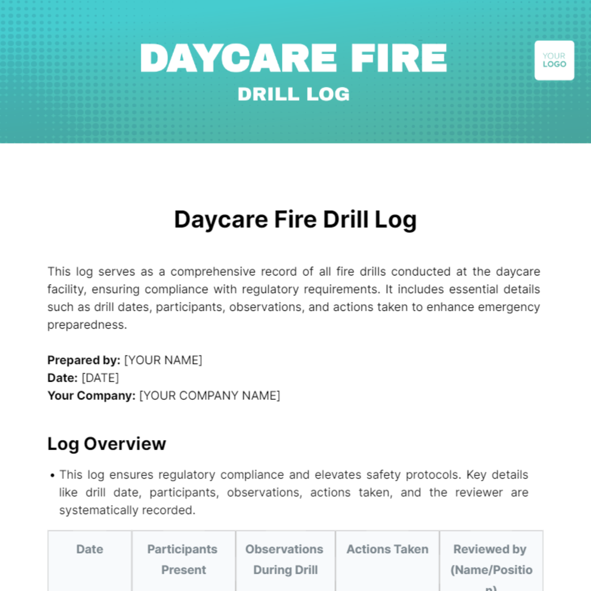 Daycare Fire Drill Log Template