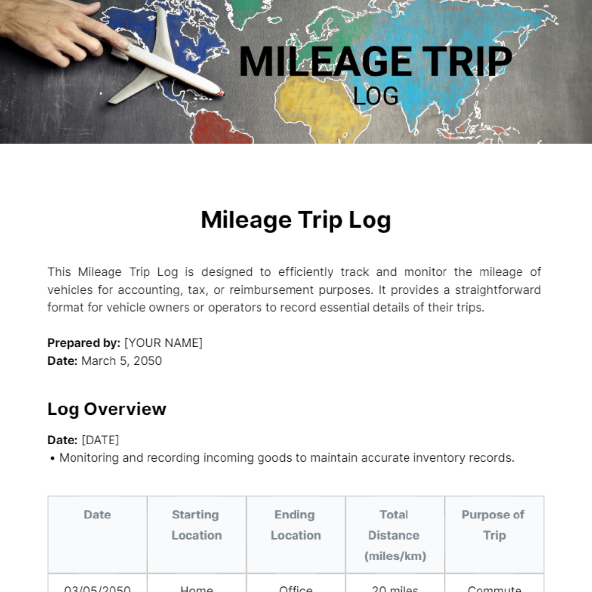 Free Mileage Trip Log Template
