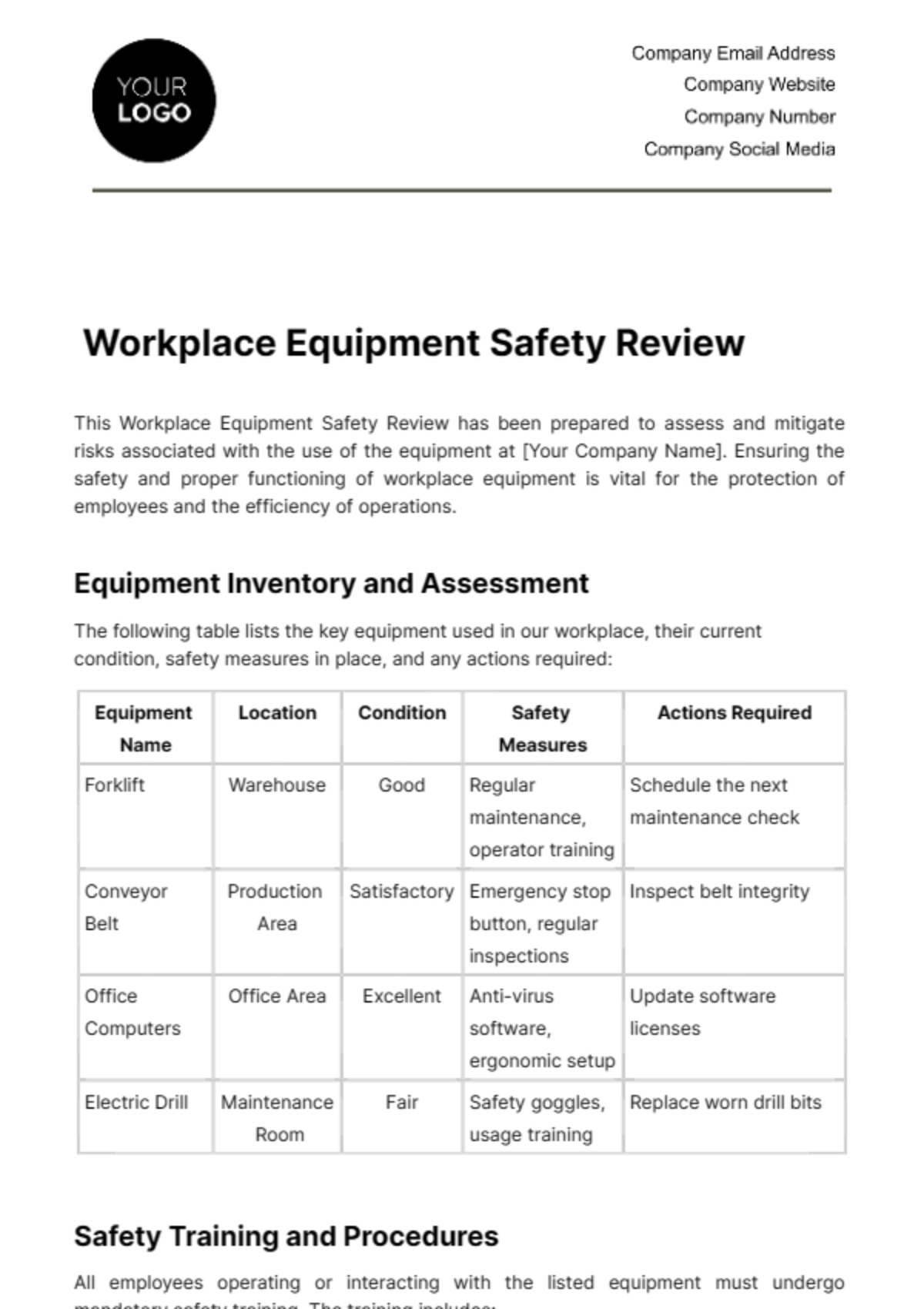 Workplace Equipment Safety Review Template