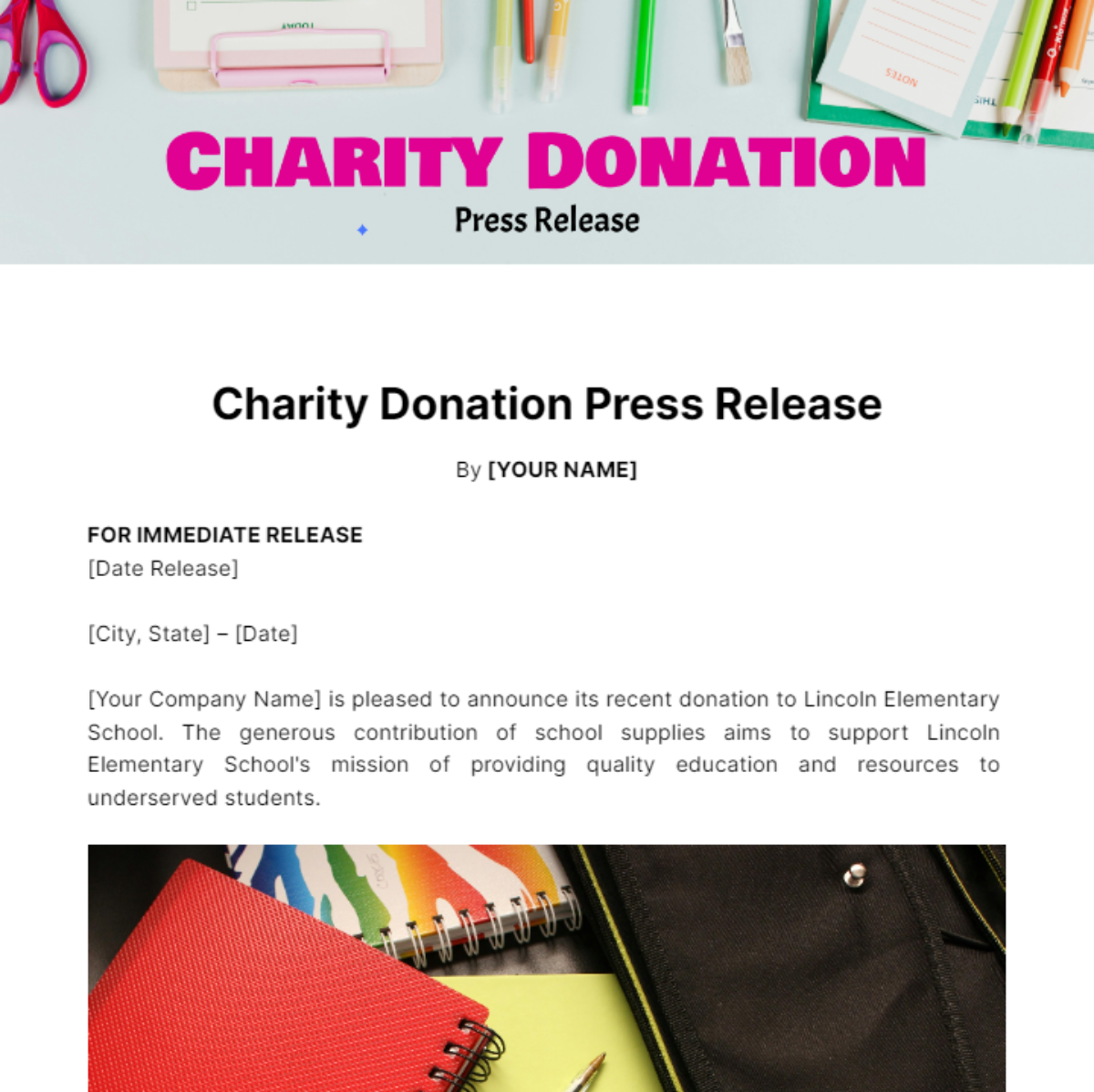 Free Charity Donation Press Release Template