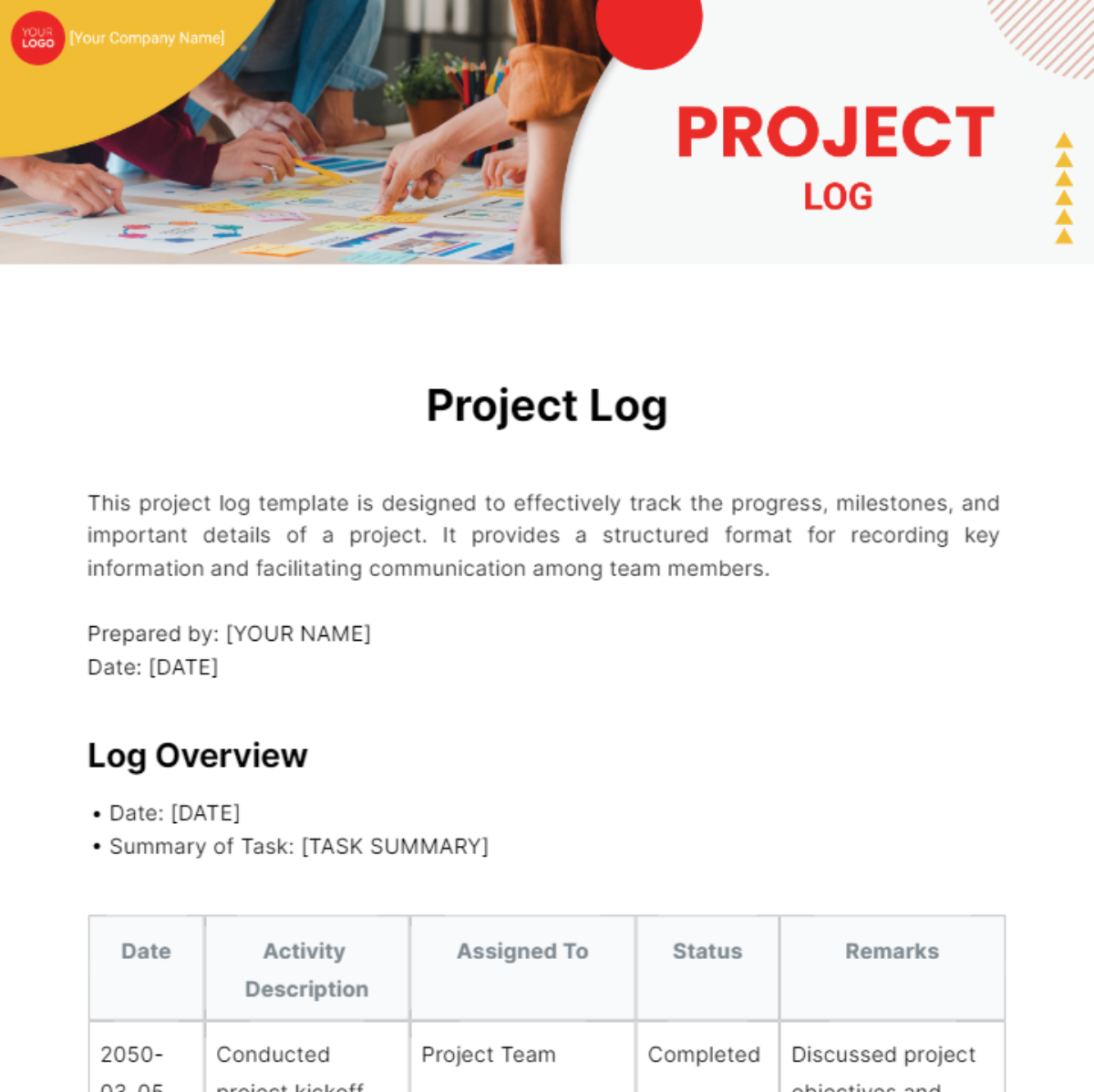 Free Project Log Template