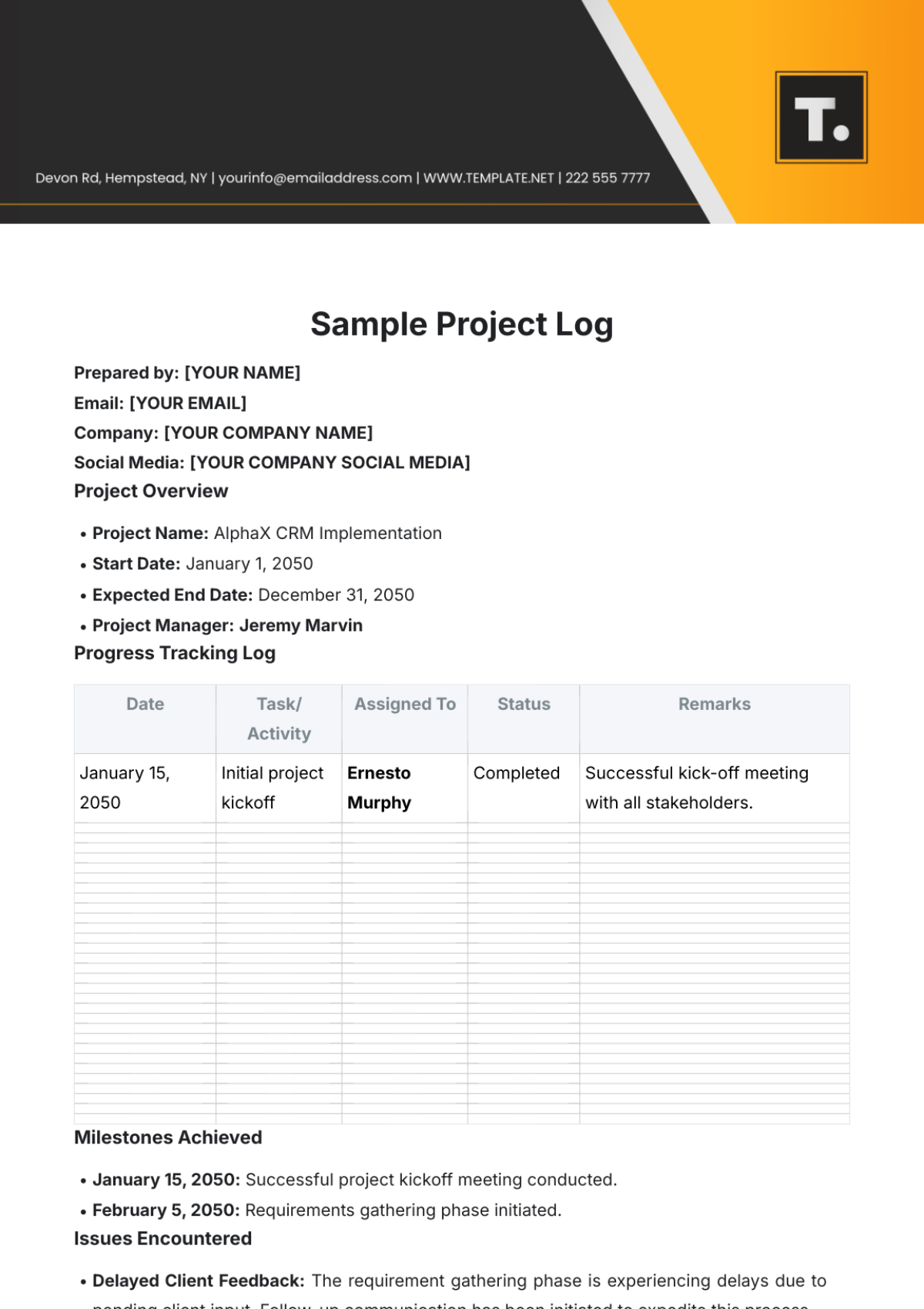 Sample Project Log Template - Edit Online & Download