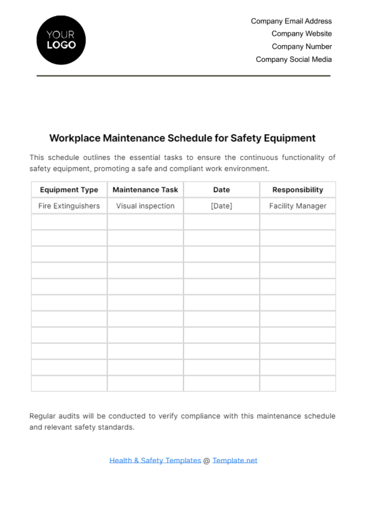 Workplace Maintenance Schedule for Safety Equipment Template