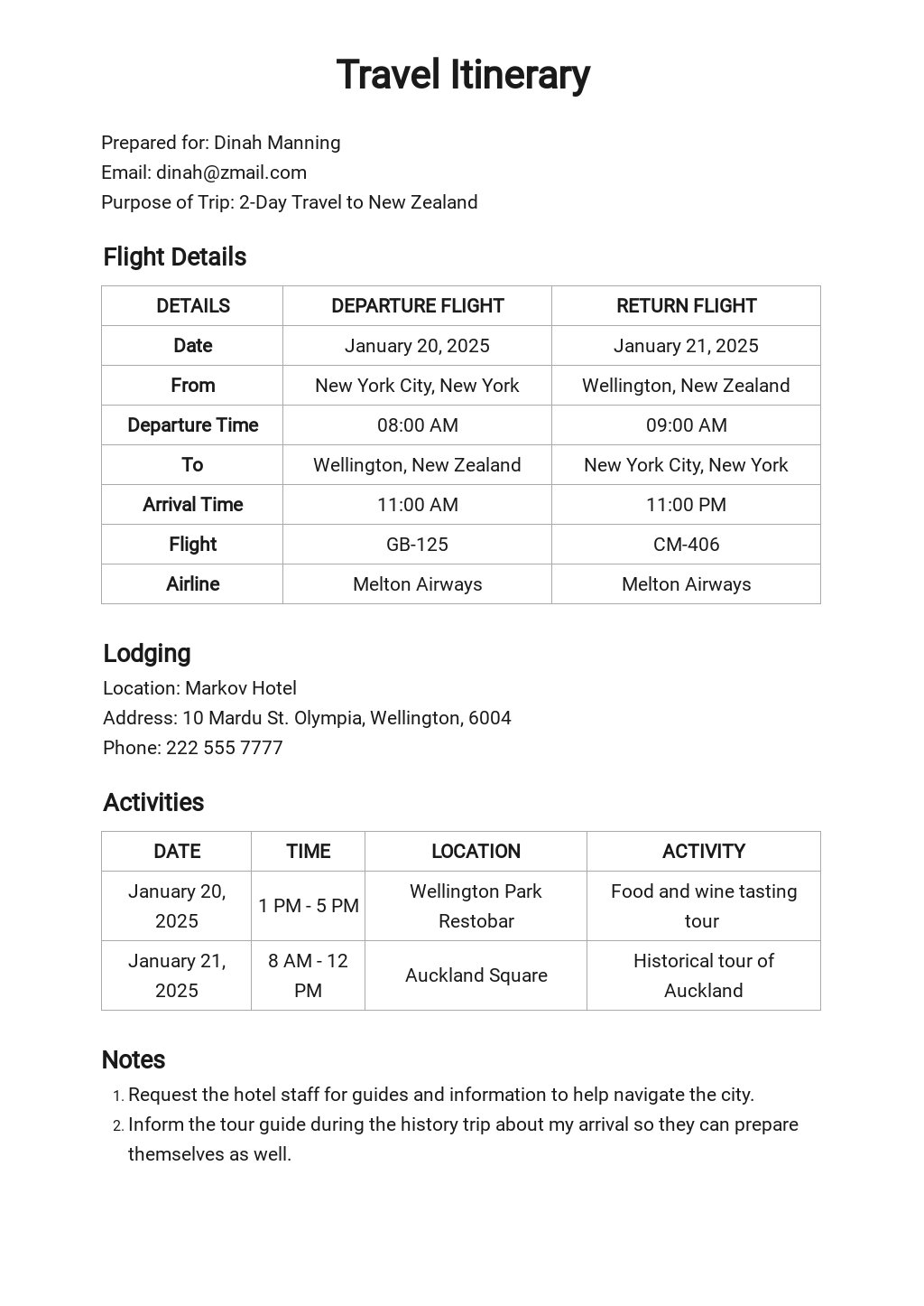 itinerary template google docs