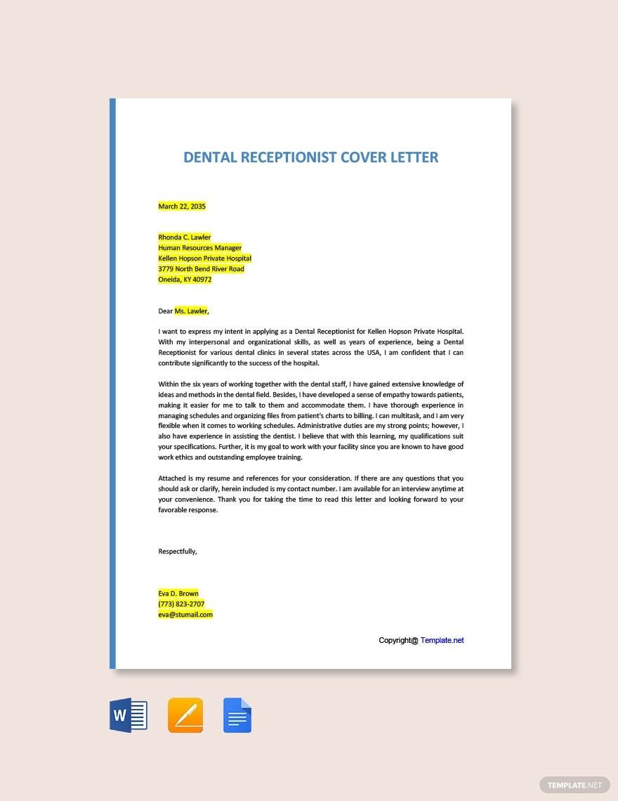Dental Receptionist Cover Letter Template
