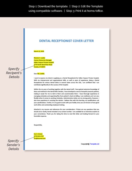 Dental Receptionist Cover Letter Template
