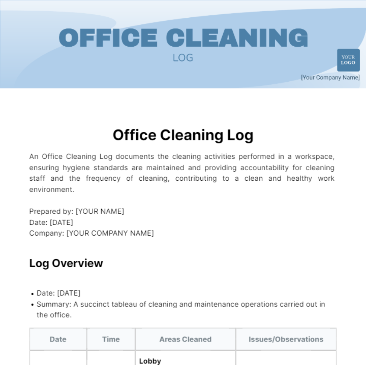 Free Office Cleaning Log Template