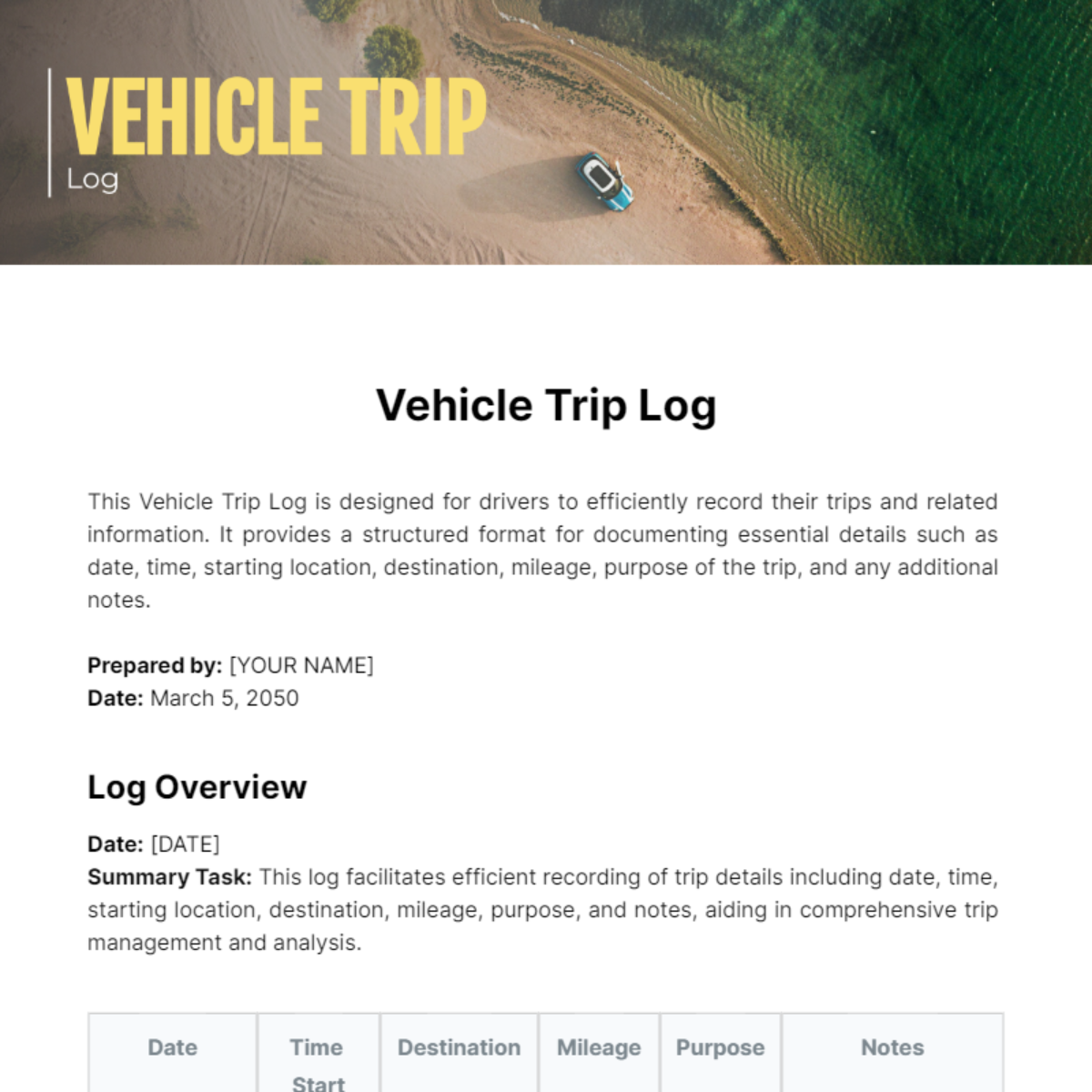 Free Vehicle Trip Log Template