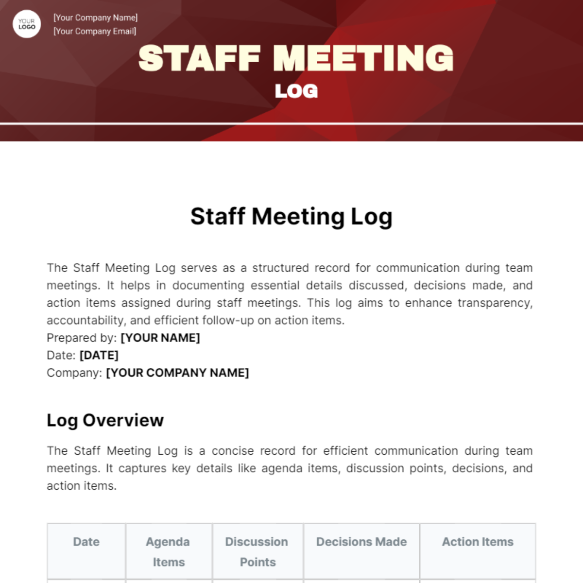 Staff Meeting Log Template