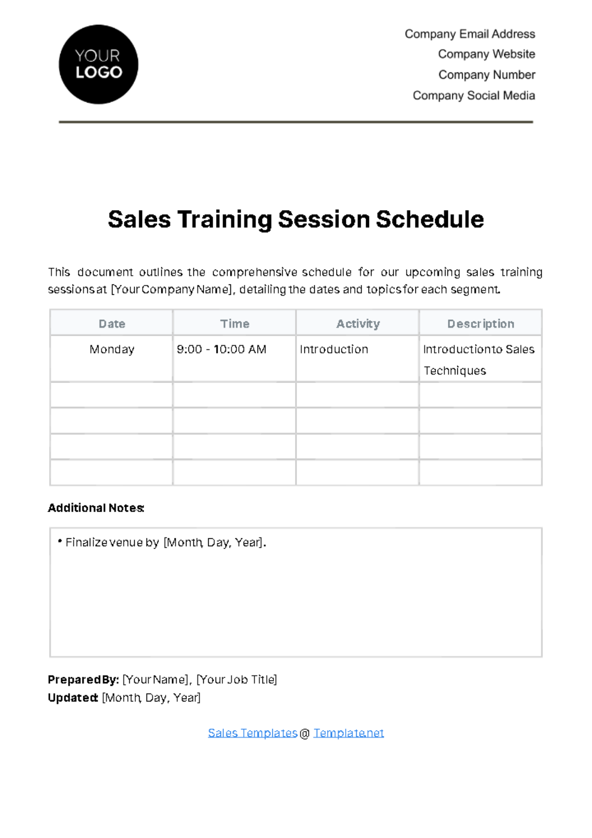 Free Sales Training Session Schedule Template