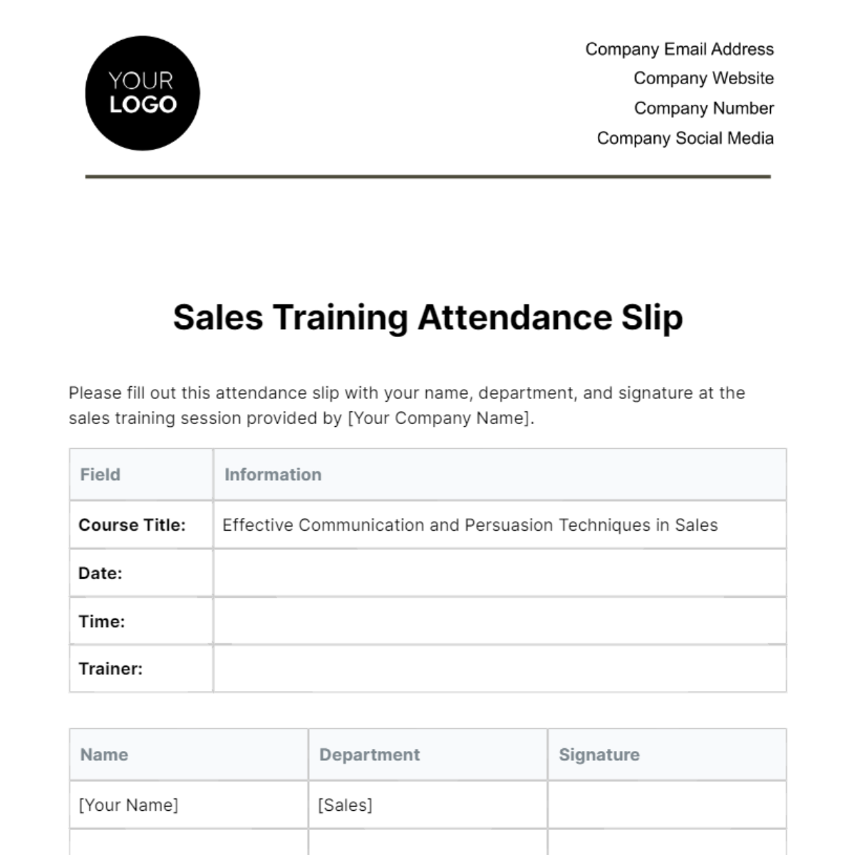 Sales Training Attendance Slip Template