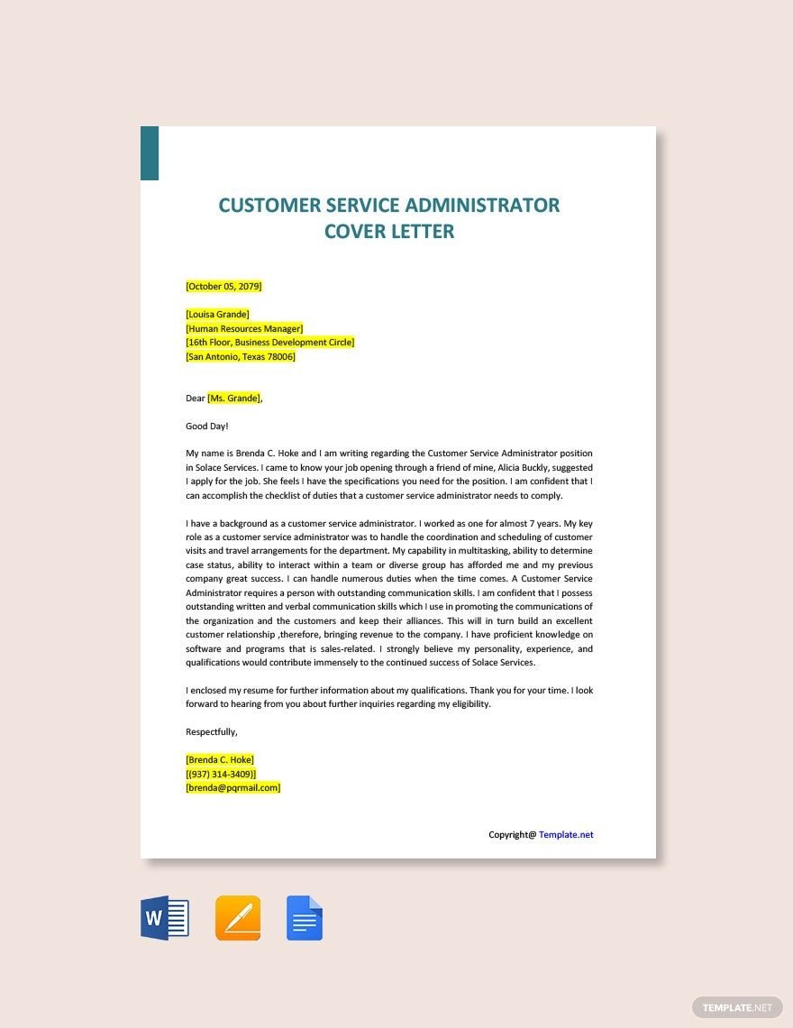 Customer Service Administrator Cover Letter